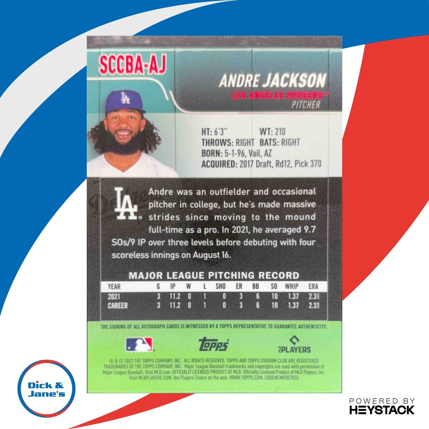 2022 Topps Stadium Club Chrome Andre Jackson Auto RC Los Angeles Dodgers - Sports Cards