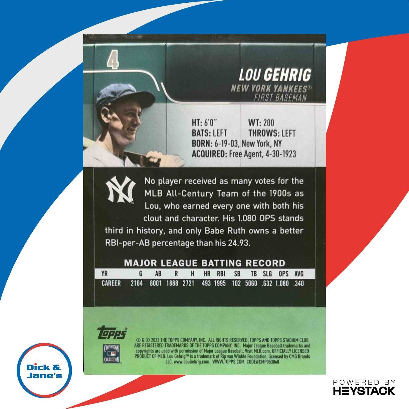 2022 Topps Stadium Club Lou Gehrig #4 New York Yankees - Sports Cards
