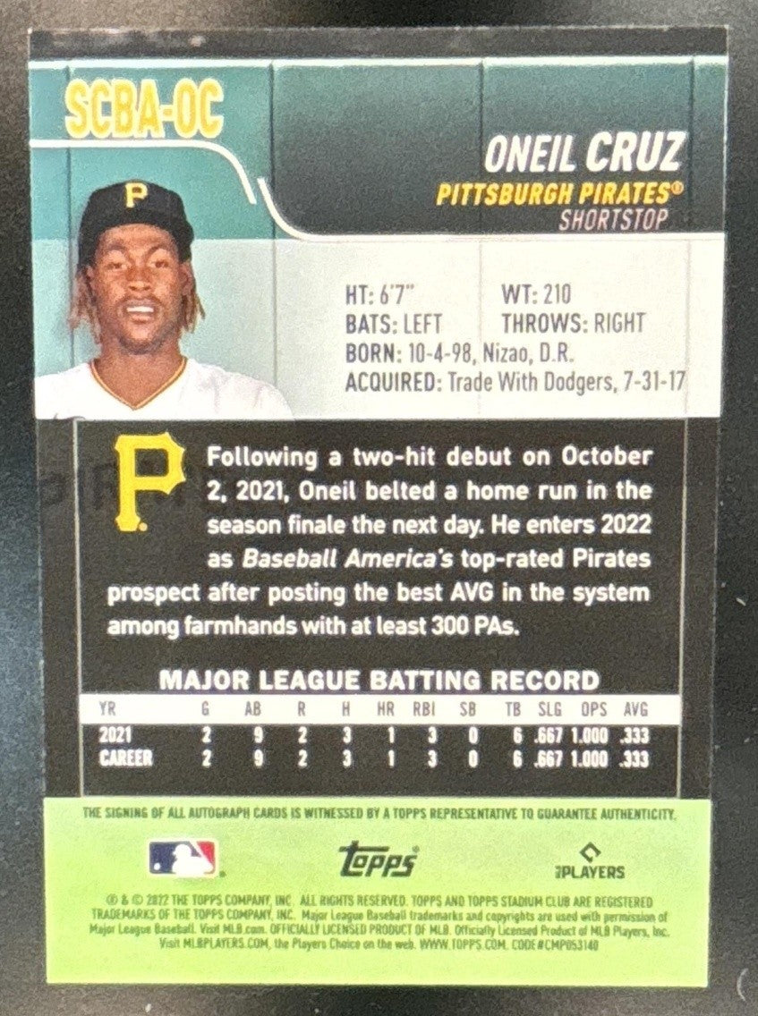 2022 Topps Stadium Club Oneil Cruz Auto #SCBA-OC RC Pittsburgh Pirates - Sports Cards