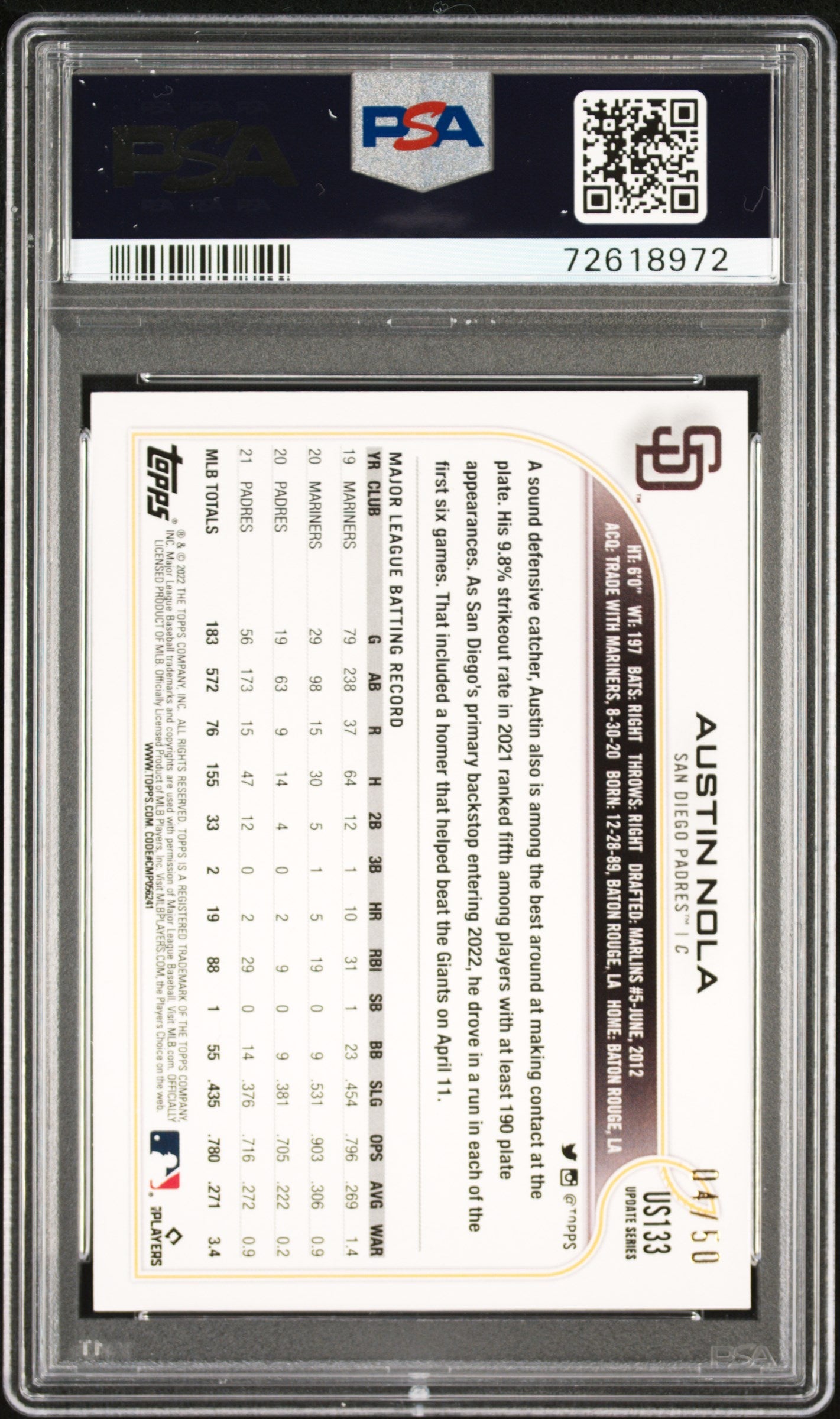 2022 Topps Update Austin Nola Mother’s Day Hot Pink #US133 PSA 9 - Graded Sports Cards