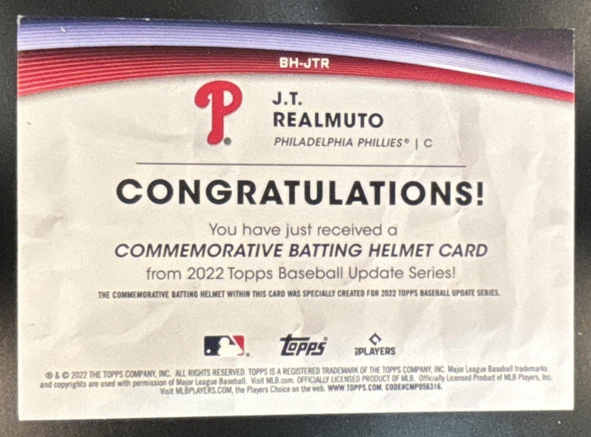 2022 Topps Update J.T. Realmuto Commemorative Batting Helmet Relic Phillies - Sports Cards