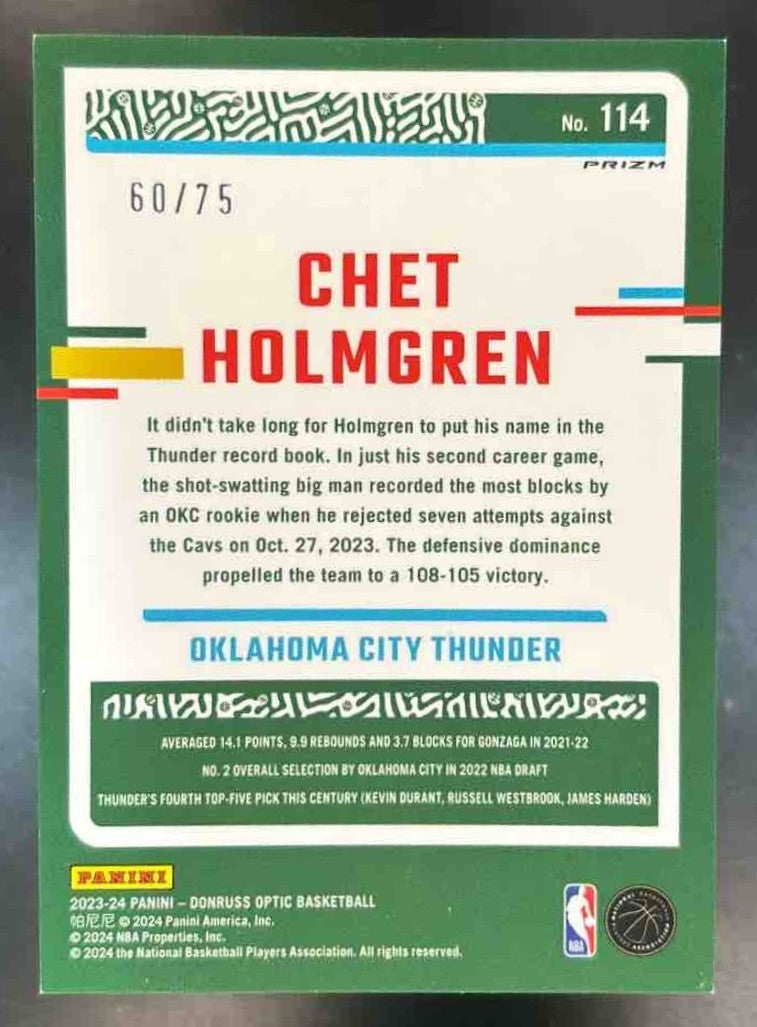 2023-24 Donruss Optic Chet Holmgren Fast Break Red /75 #114 Thunder - Sports Cards