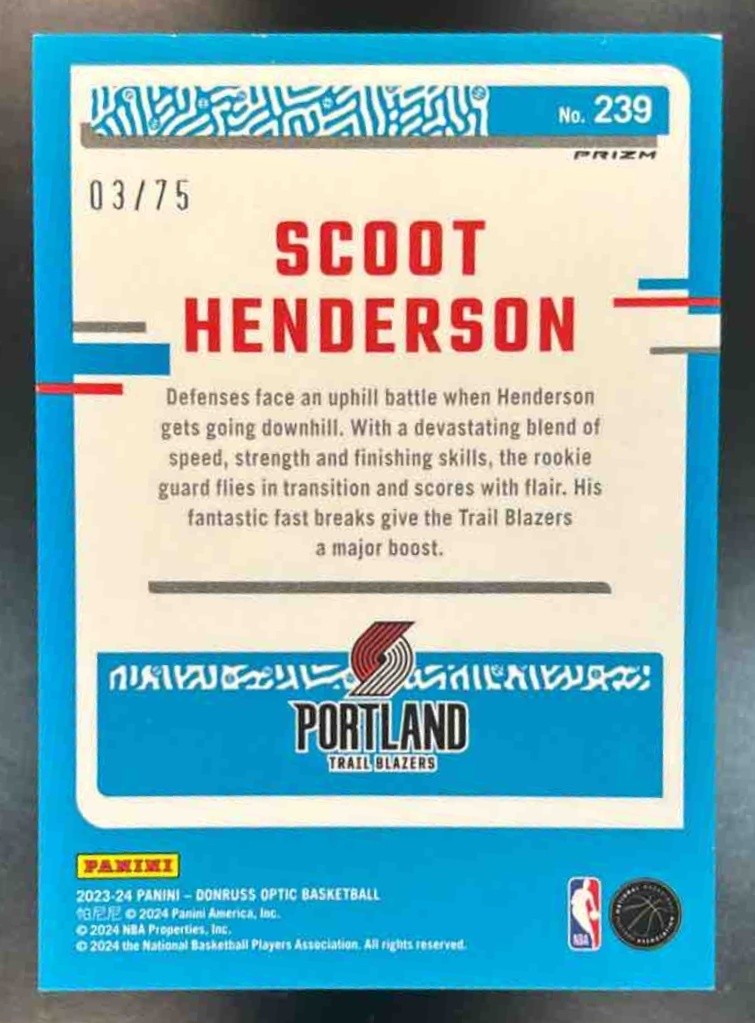 2023-24 Donruss Optic Scoot Henderson Fast Break Red /75 #239 RC Blazers - Sports Cards