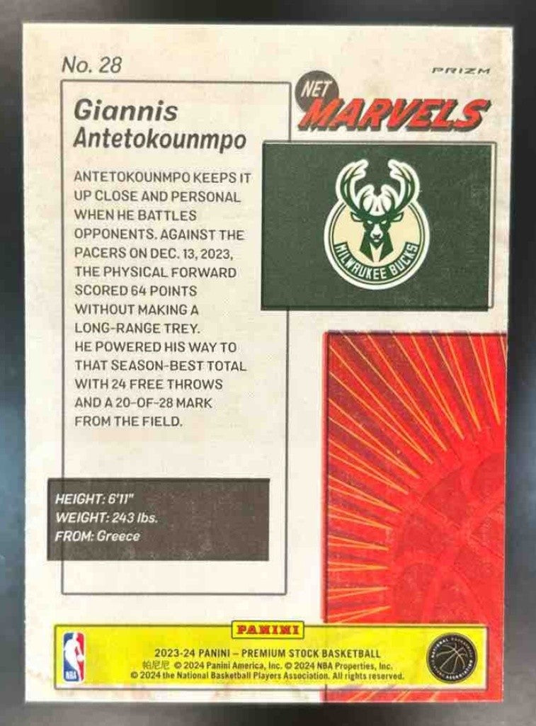2023-24 Hoops Premium Stock Giannis Antetokounmpo Retro Net Marvels #28 Bucks - Sports Cards
