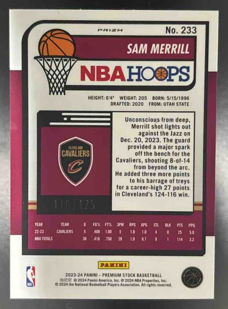 2023-24 Hoops Premium Stock Sam Merrill Orange Ice /125 #233 Cleveland Cavalier - Sports Cards