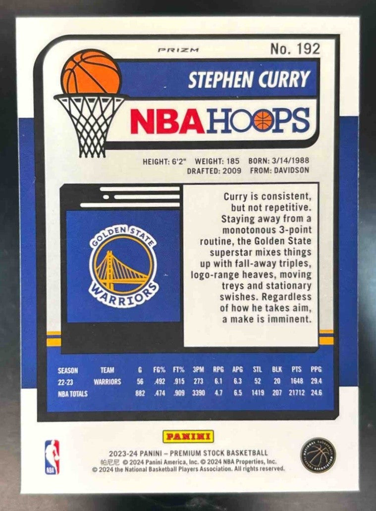 2023-24 Hoops Premium Stock Stephen Curry Ice Prizm #192 Golden State Warriors - Sports Cards