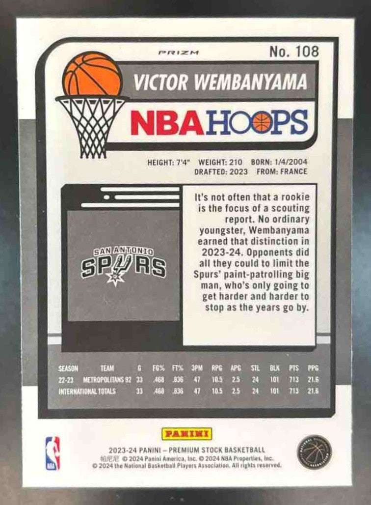2023-24 Hoops Premium Stock Victor Wembanyama Ice Prizm #108 San Antonio Spurs - Sports Cards