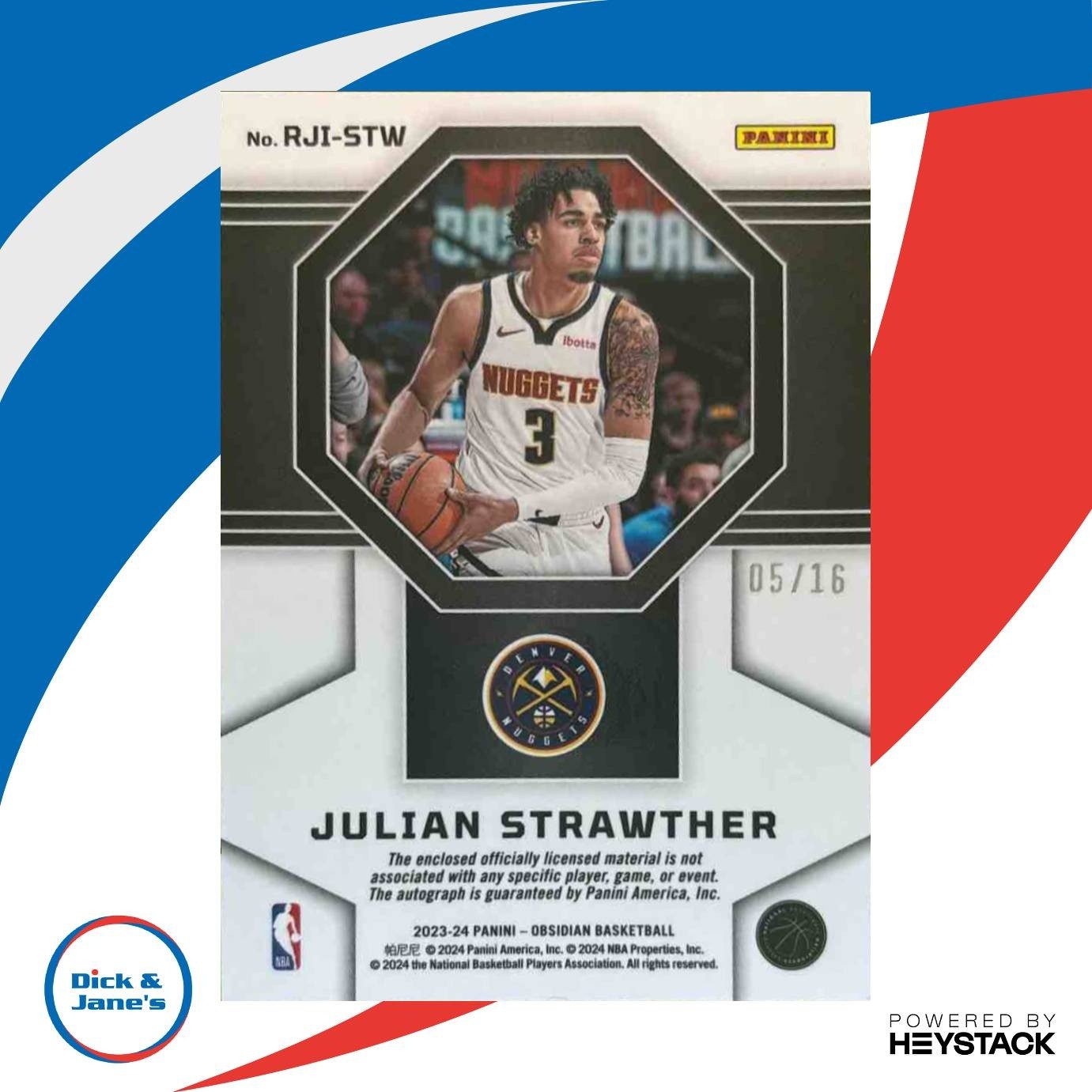 2023-24 Obsidian Julian Strawther Rookie Jersey Ink Blue 5/16 #Auto Nuggets - Sports Cards