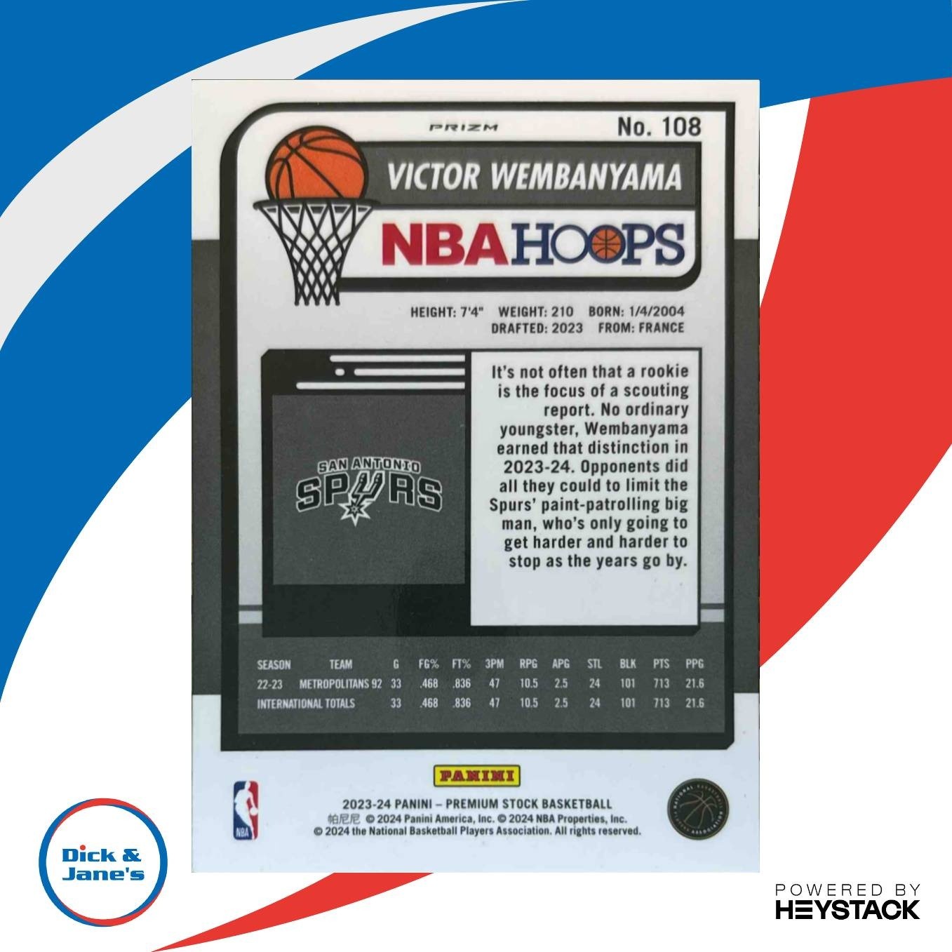 2023-24 Panini Hoops Premium Stock Victor Wembanyama Ice Prizm #108 Spurs - Sports Cards