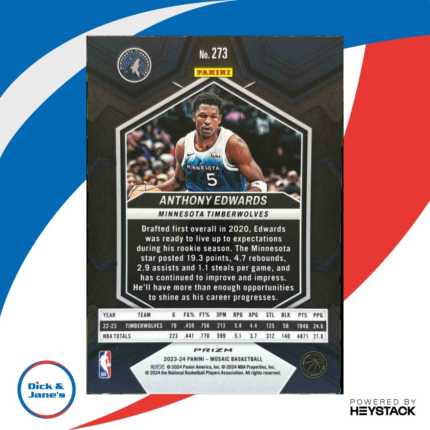 2023-24 Panini Mosaic Anthony Edwards Reactive Blue 273 City Edition Timberwolve - Sports Cards