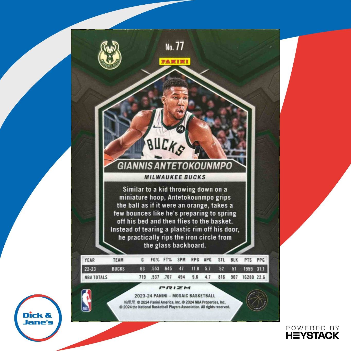 2023-24 Panini Mosaic Giannis Antetokounmpo Reactive Blue Prizm #77 Bucks - Sports Cards