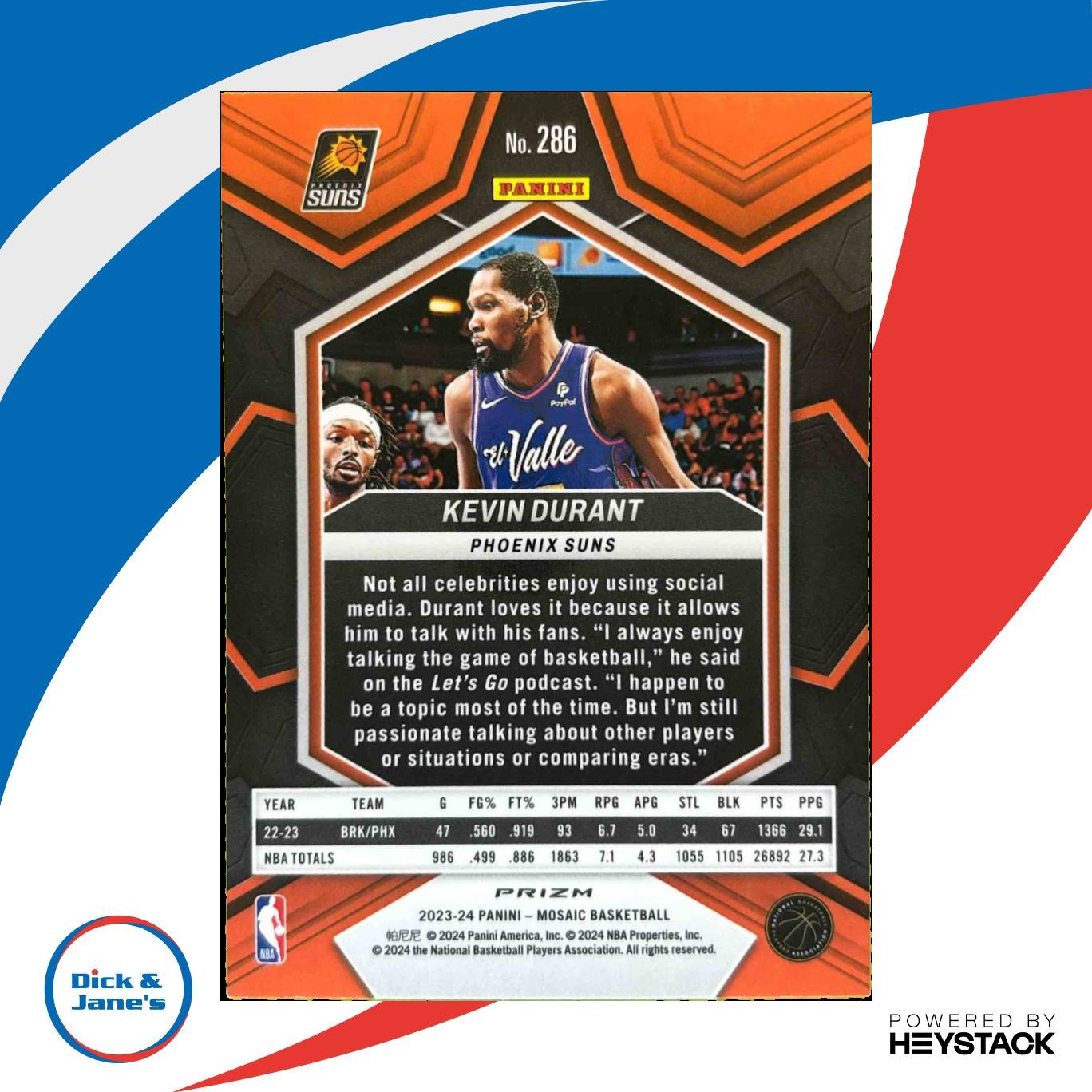 2023-24 Panini Mosaic Kevin Durant Reactive Blue Prizm #286 City Edition Suns - Sports Cards