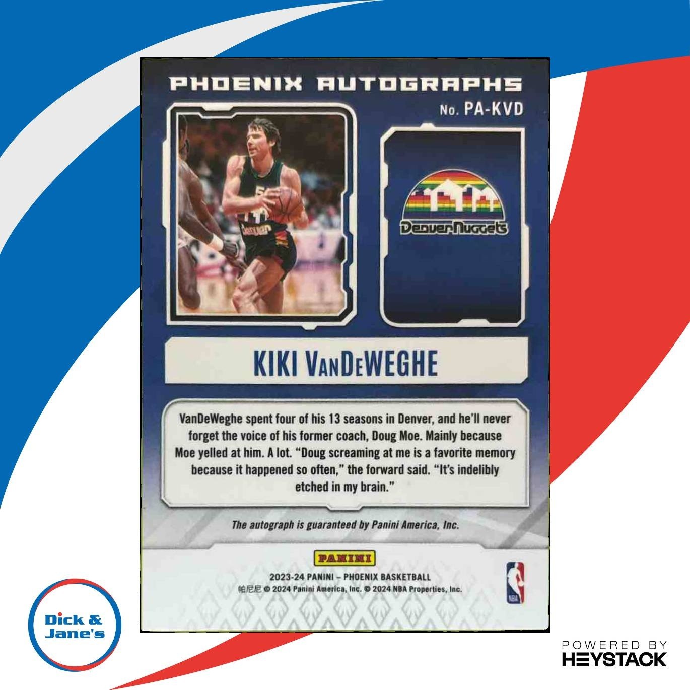 2023-24 Panini Phoenix Kiki Vandeweghe Auto #PA-KVD Denver Nuggets - Sports Cards