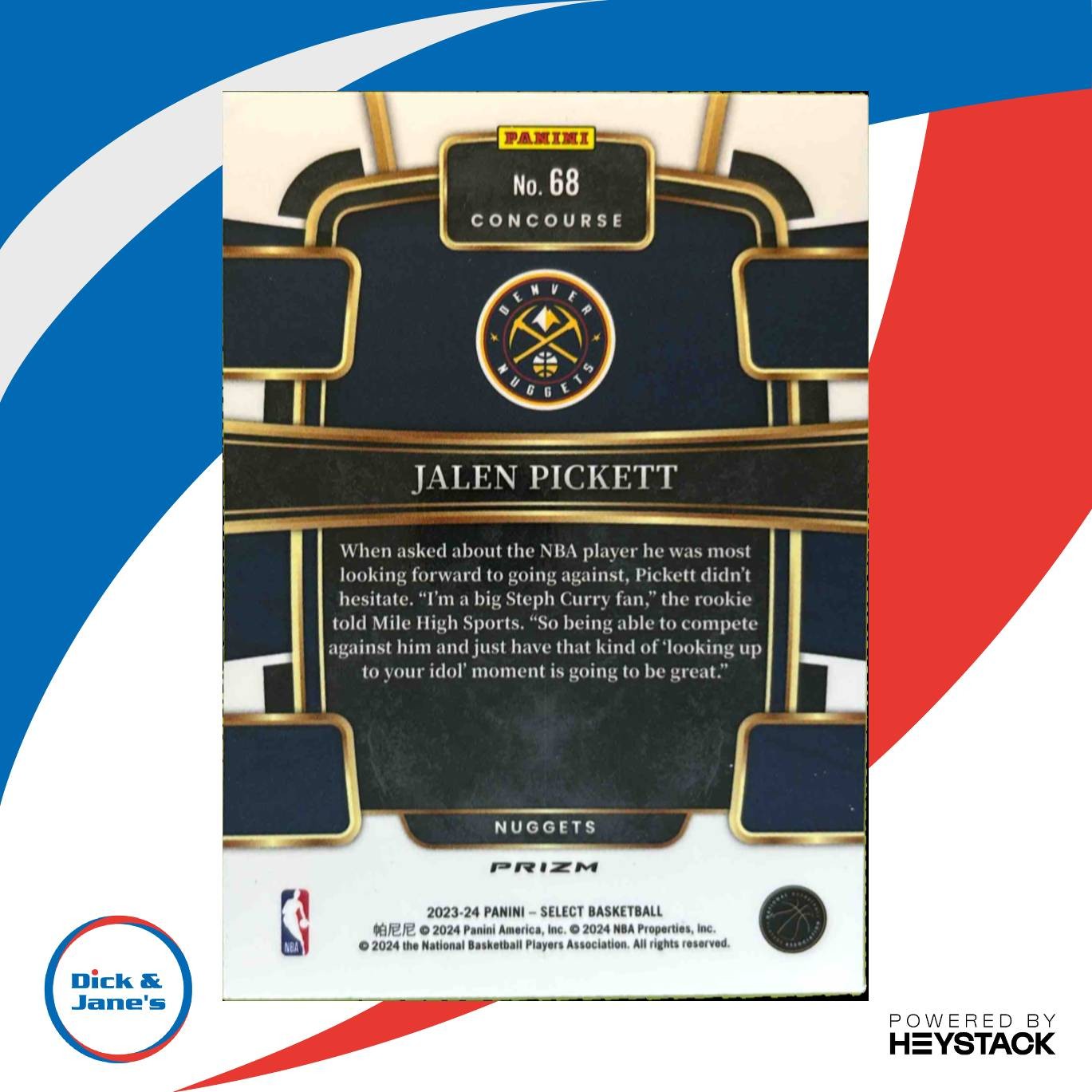 2023-24 Panini Select Jalen Pickett Tiger Prizms #68 RC Concourse Denver Nuggets - Sports Cards