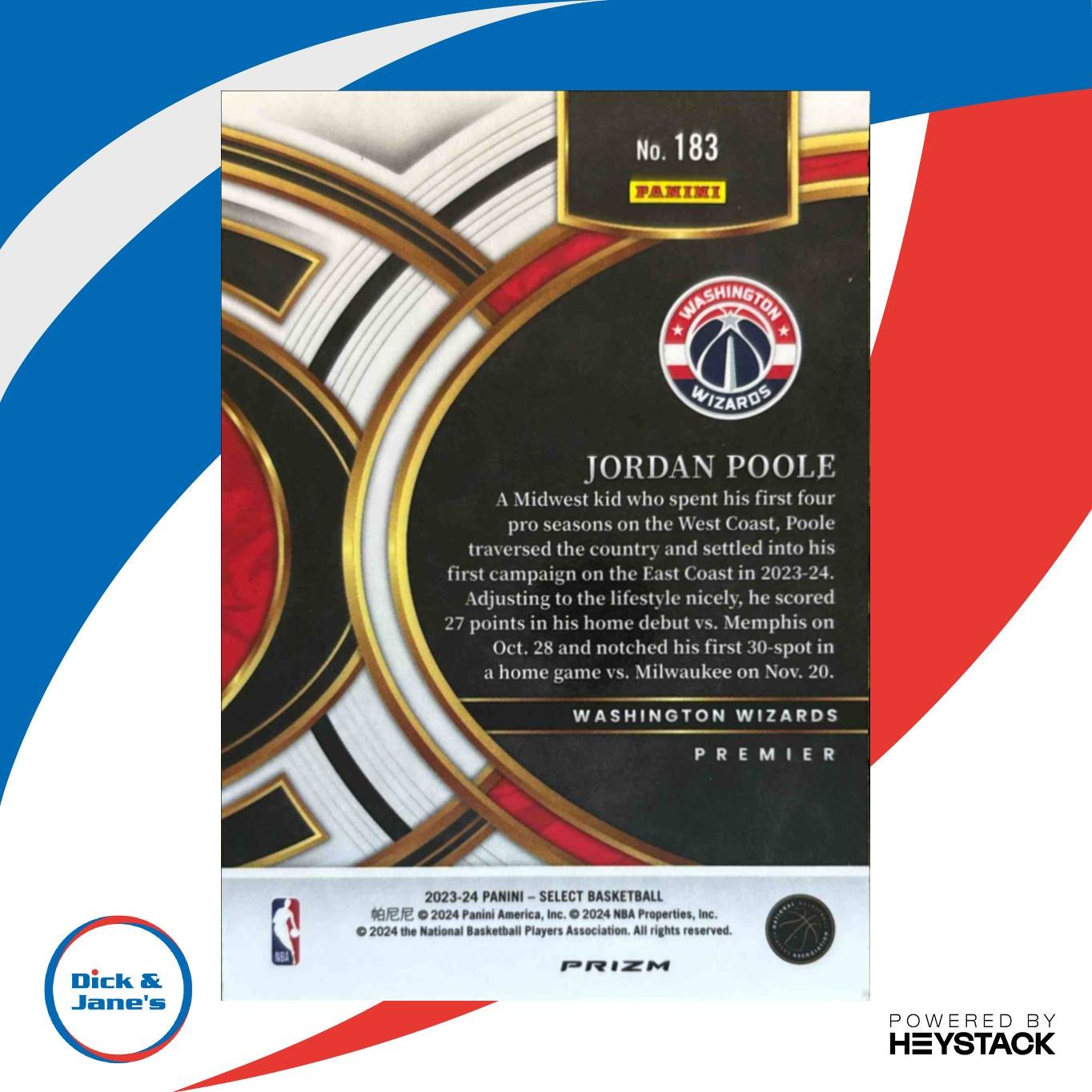 2023-24 Panini Select Jordan Poole Tiger Prizms #183 Premier Washington Wizards - Sports Cards