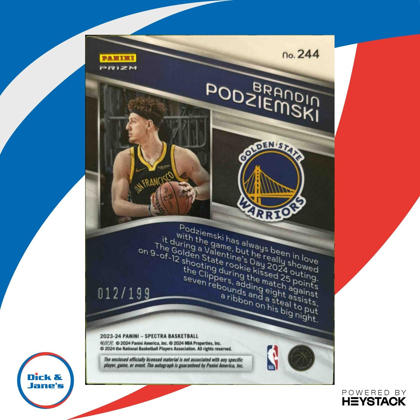 2023-24 Panini Spectra Brandin Podziemski /199 Auto RC Golden State Warriors - Sports Cards