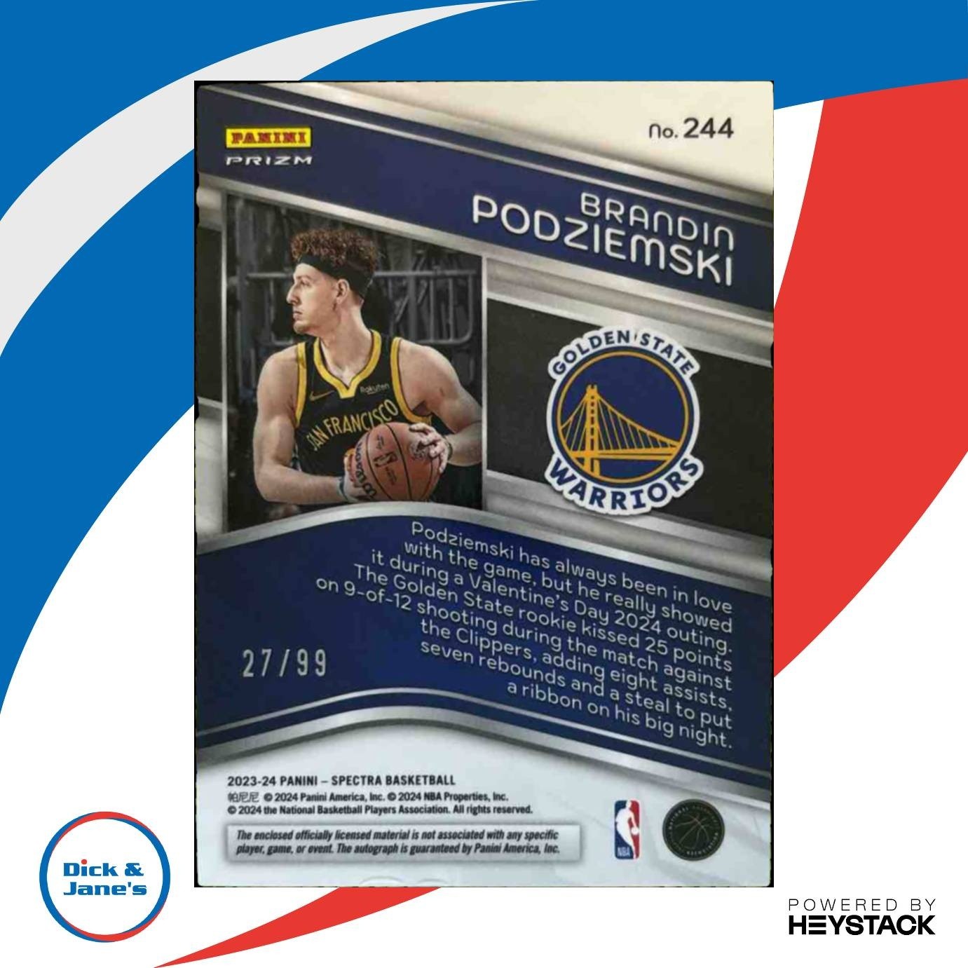 2023-24 Panini Spectra Brandin Podziemski Celestial /99 MEM Auto RC GS Warriors - Sports Cards