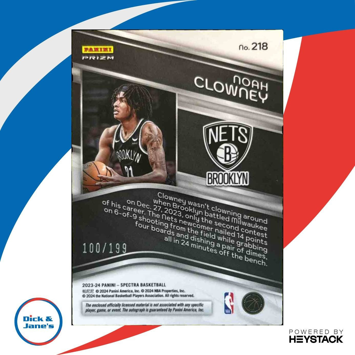 2023-24 Panini Spectra Noah Clowney 100/199 #218 RC MEM Auto Brooklyn Nets - Sports Cards