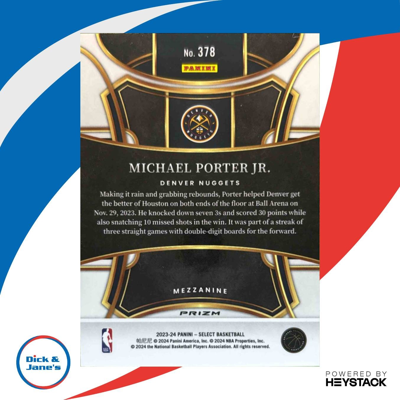 2023-24 Select Michael Porter Jr. Zebra Prizm SSP #378 Mezzanine Denver Nuggets - Sports Cards