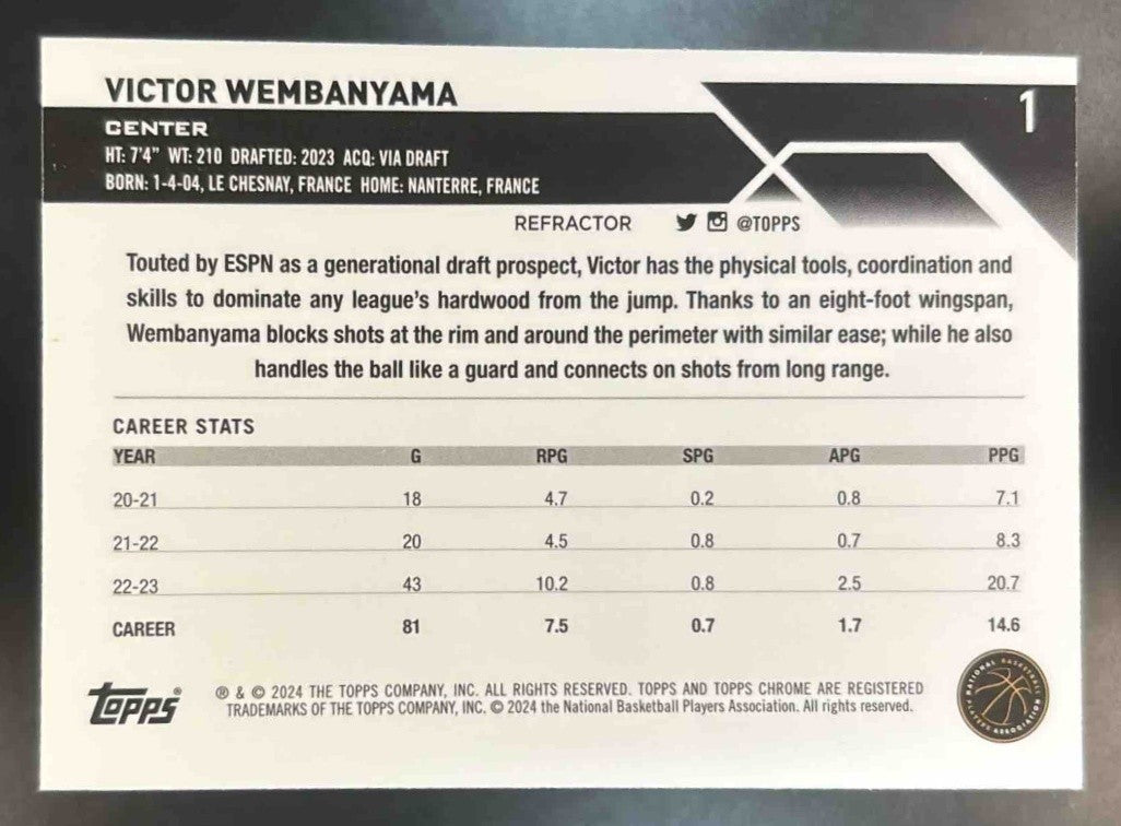 2023-24 Topps Chrome Victor Wembanyama Refractor #1 RC San Antonio Spurs - Sports Cards