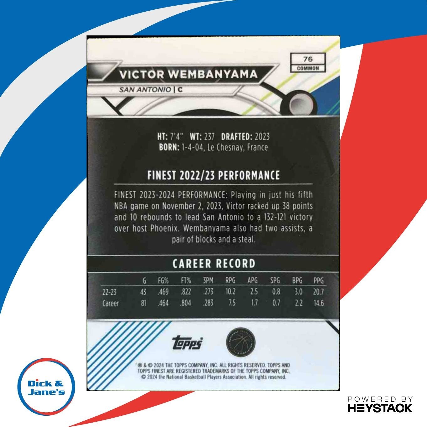 2023-24 Topps Finest Victor Wembanyama Checkerboard #76 RC San Antonio Spurs - Sports Cards