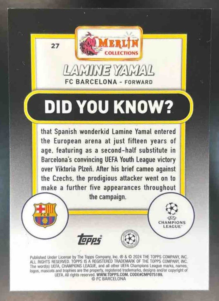 2023-24 Topps Merlin UCC Lamine Yamal Orange Refractor 03/25 RC Image Variation - Sports Cards