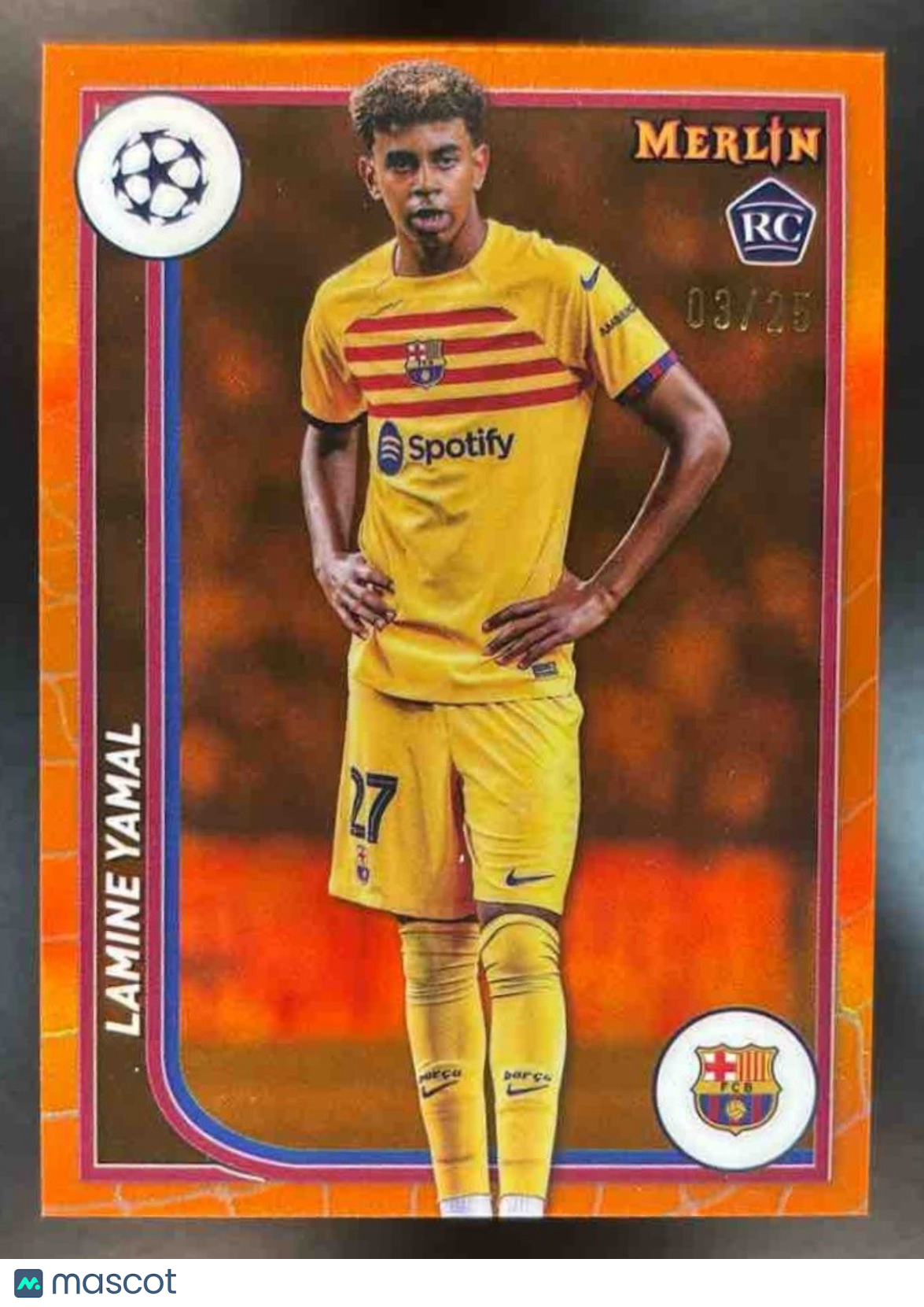 2023-24 Topps Merlin UCC Lamine Yamal Orange Refractor 03/25 RC Image Variation - Sports Cards