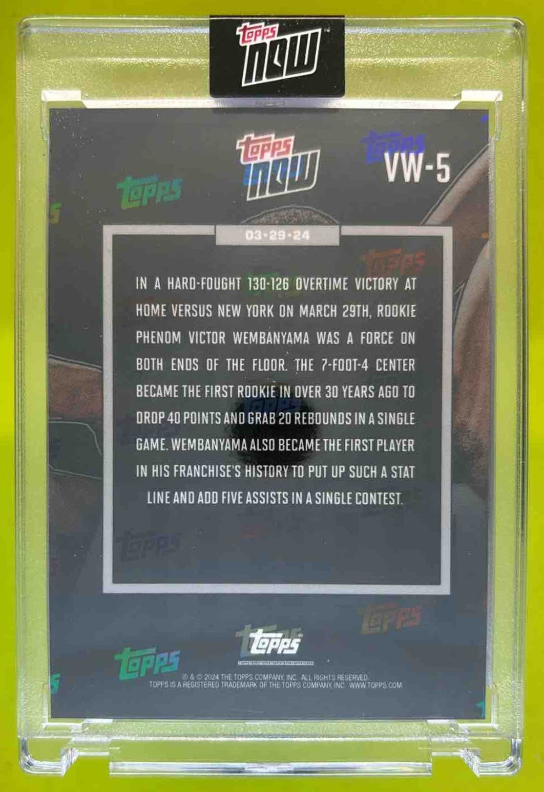 2023/24 Topps Now VW-5 Victor Wembanyama RC - Spurs Rookie Card 40/20 3/29/24 - Sports Cards