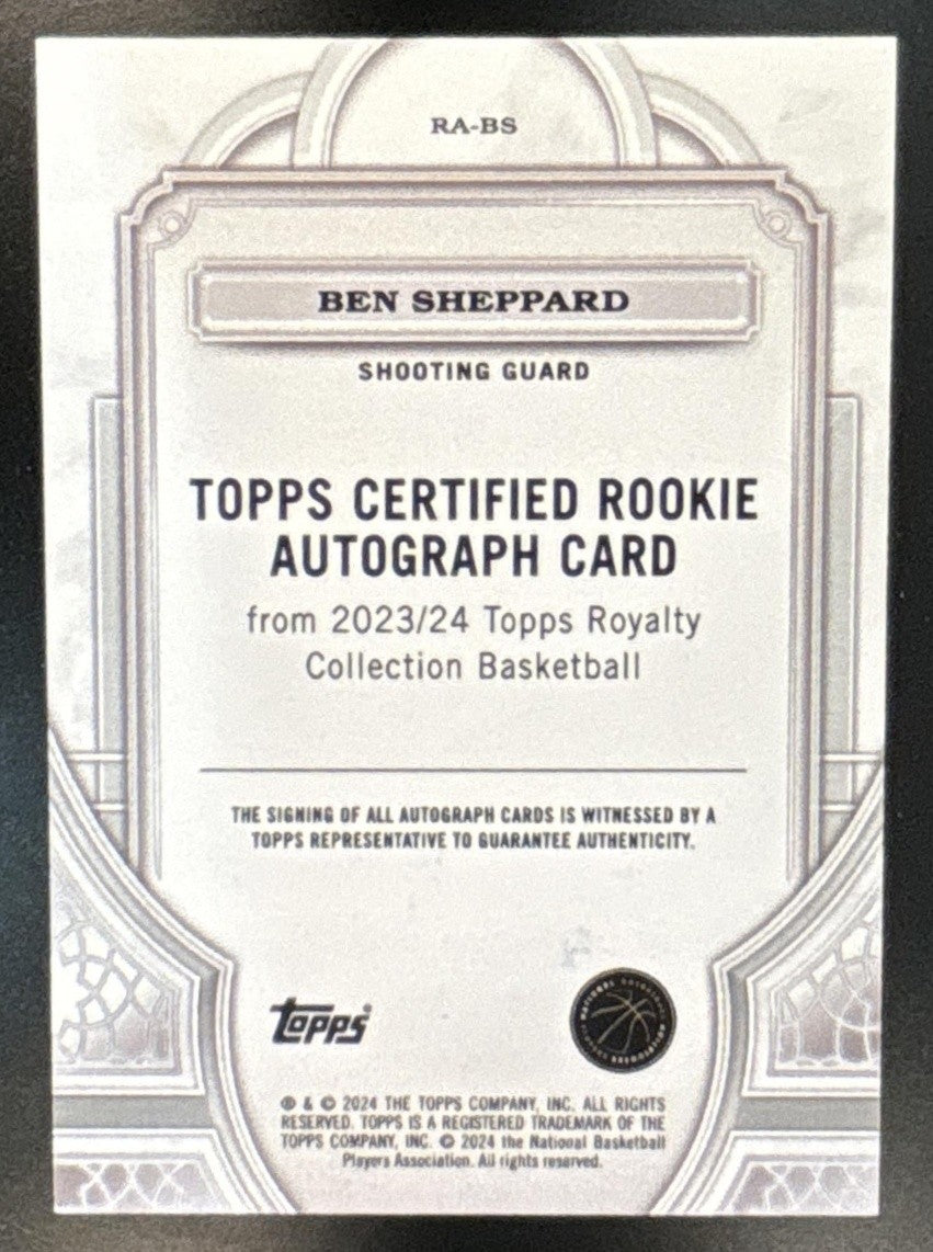 2023-24 Topps Royalty Collection Ben Sheppard Signatures Gold /10 Auto RC Pacers - Sports Cards