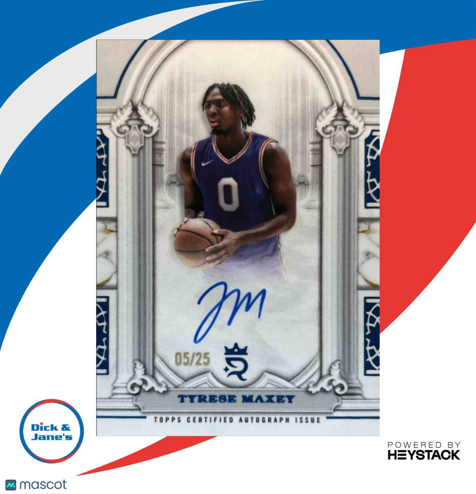 2023-24 Topps Royalty Tyrese Maxey Pillars of Greatness Signature Blue /25 76ers - Sports Cards