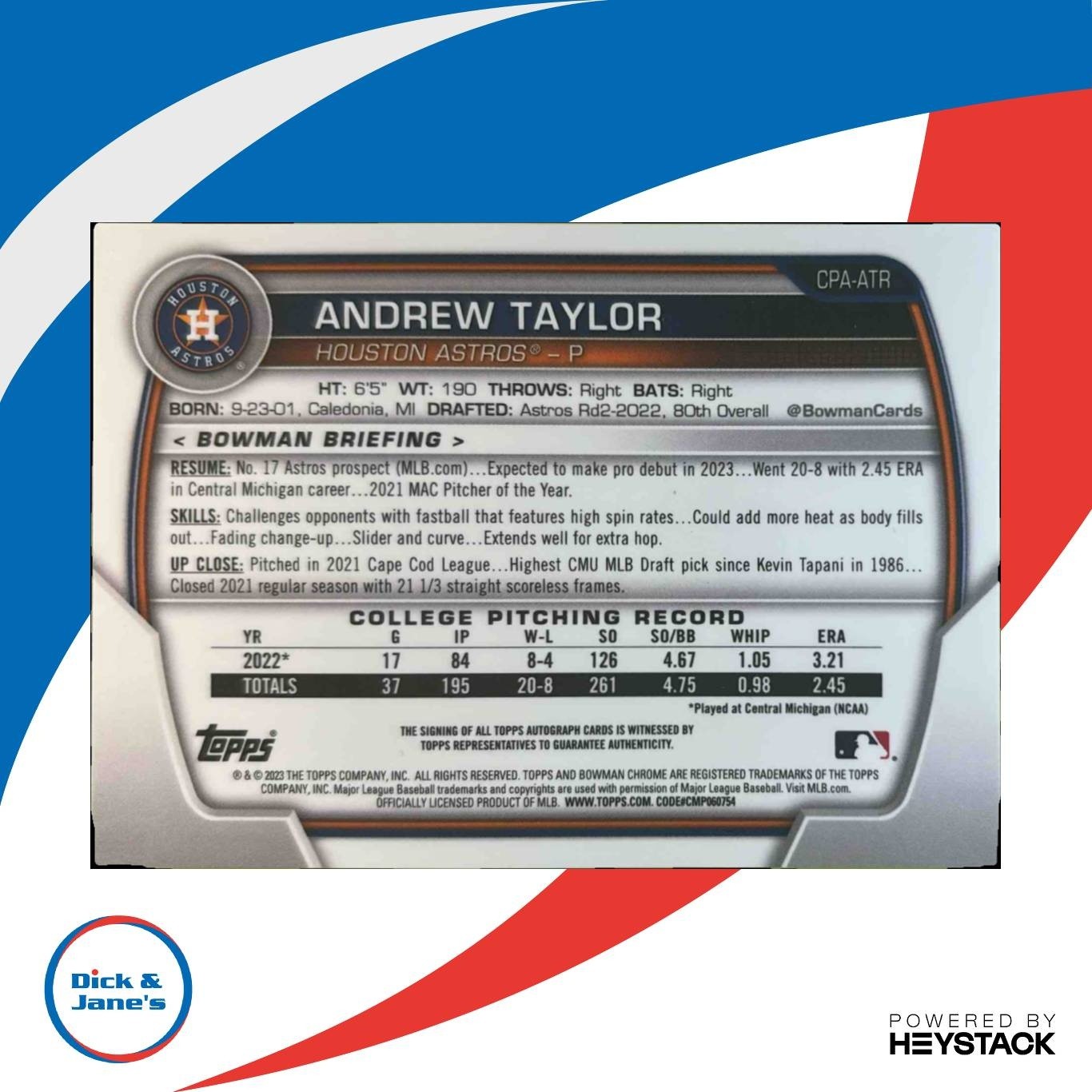 2023 Bowman Andrew Taylor Chrome Auto #CPA-ATR 1st Prospect Houston Astros - Sports Cards