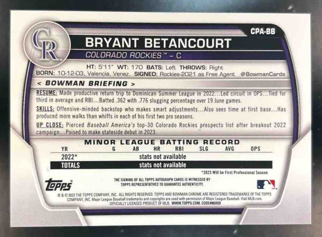 2023 Bowman Chrome Bryant Betancourt Auto Orange /25 1st Prospect Rockies - Sports Cards