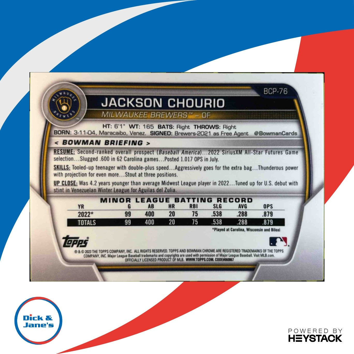2023 Bowman Chrome Mega Box Prospects Navy Refractors BCP76 Jackson Chourio /175 - Sports Cards