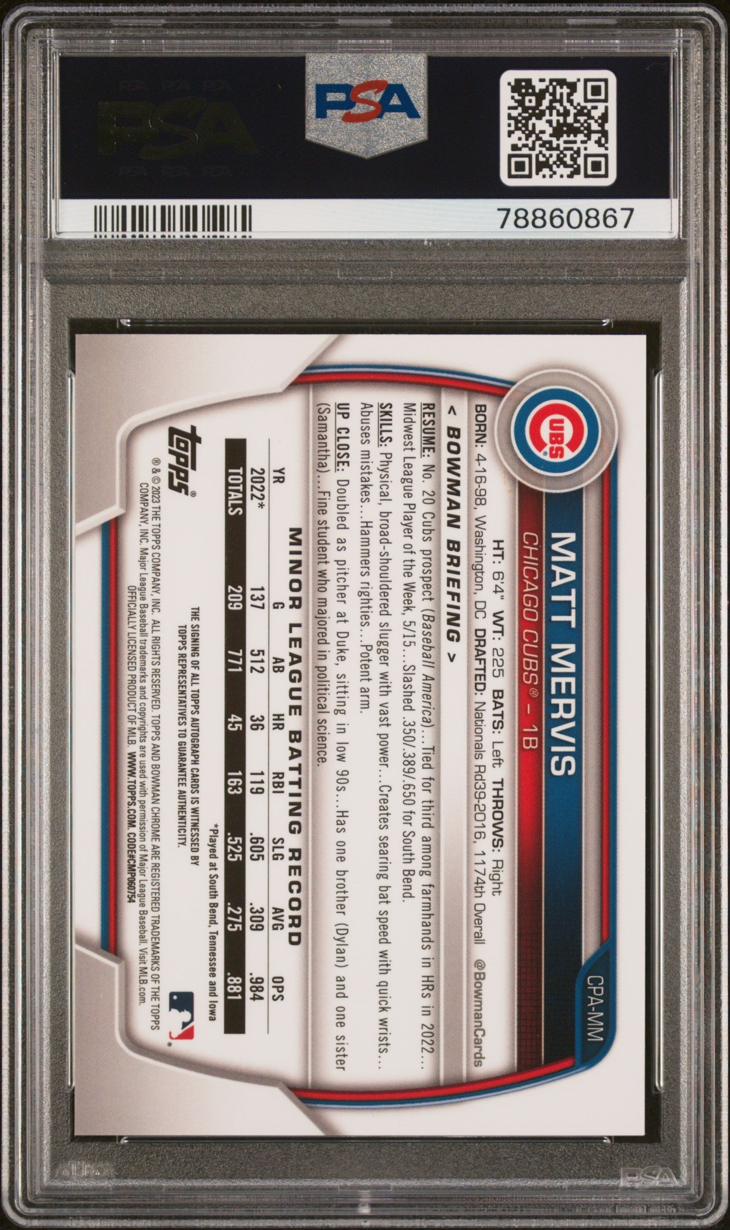 2023 Bowman Chrome Prospect Auto Matt Mervis Purple Refractor /250 PSA 10 Cubs - Graded Sports Cards