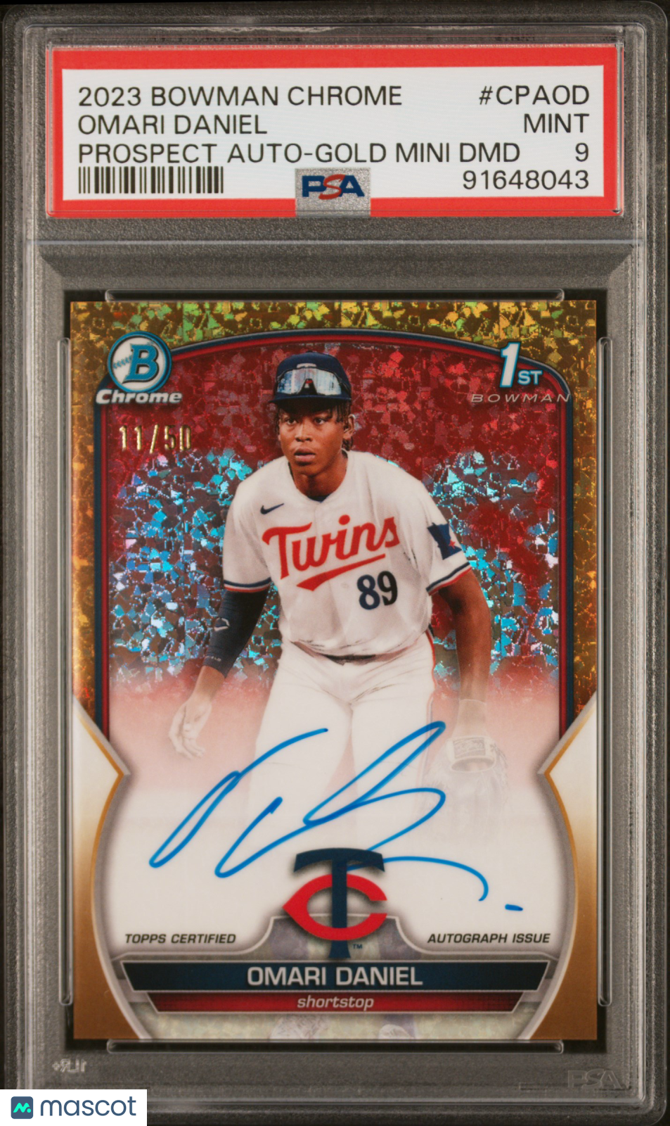 2023 Bowman Chrome Prospect Auto Omari Daniel Gold Mini Diamond 1ST 11/50 PSA 9 - Graded Sports Cards