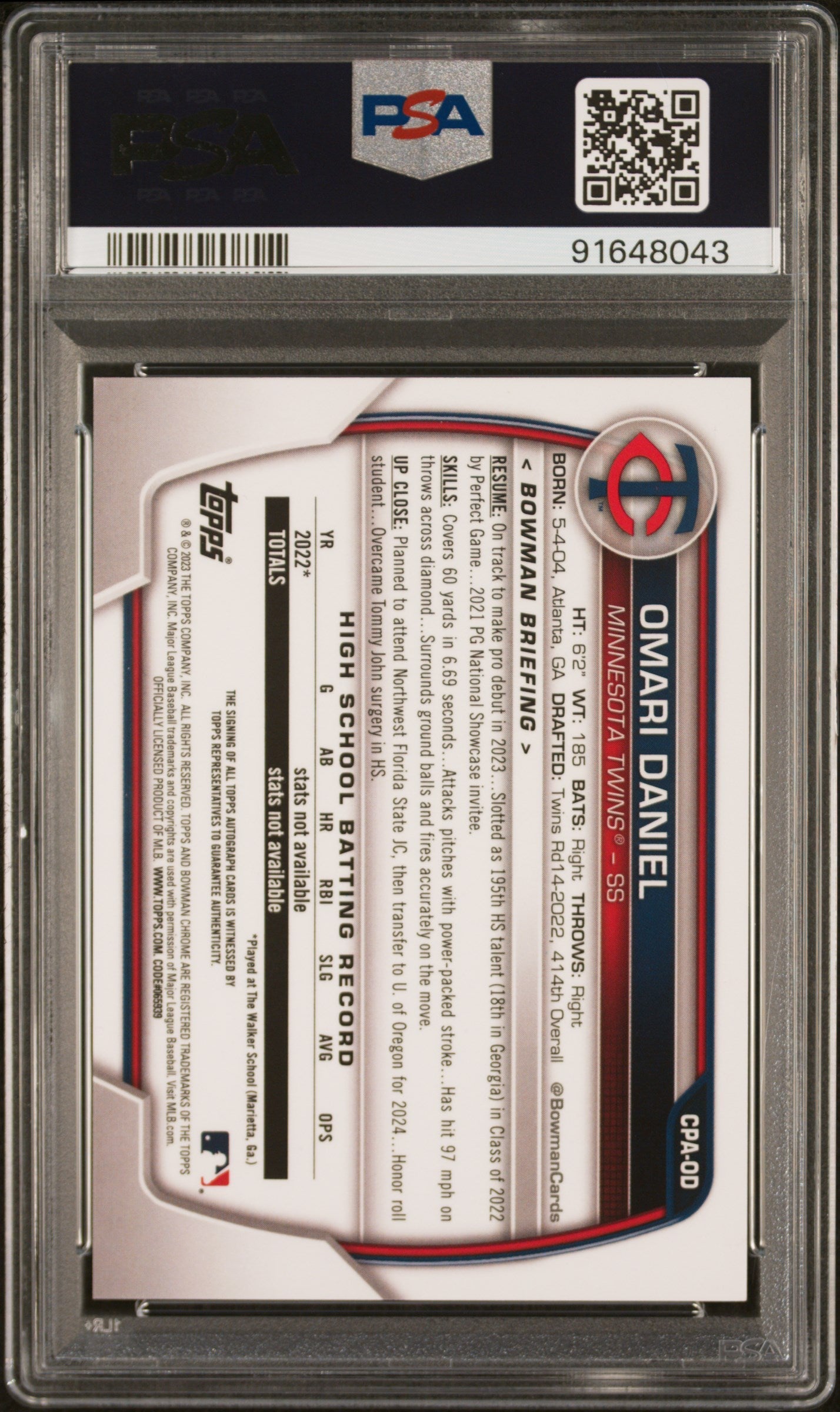 2023 Bowman Chrome Prospect Auto Omari Daniel Gold Mini Diamond 1ST 11/50 PSA 9 - Graded Sports Cards