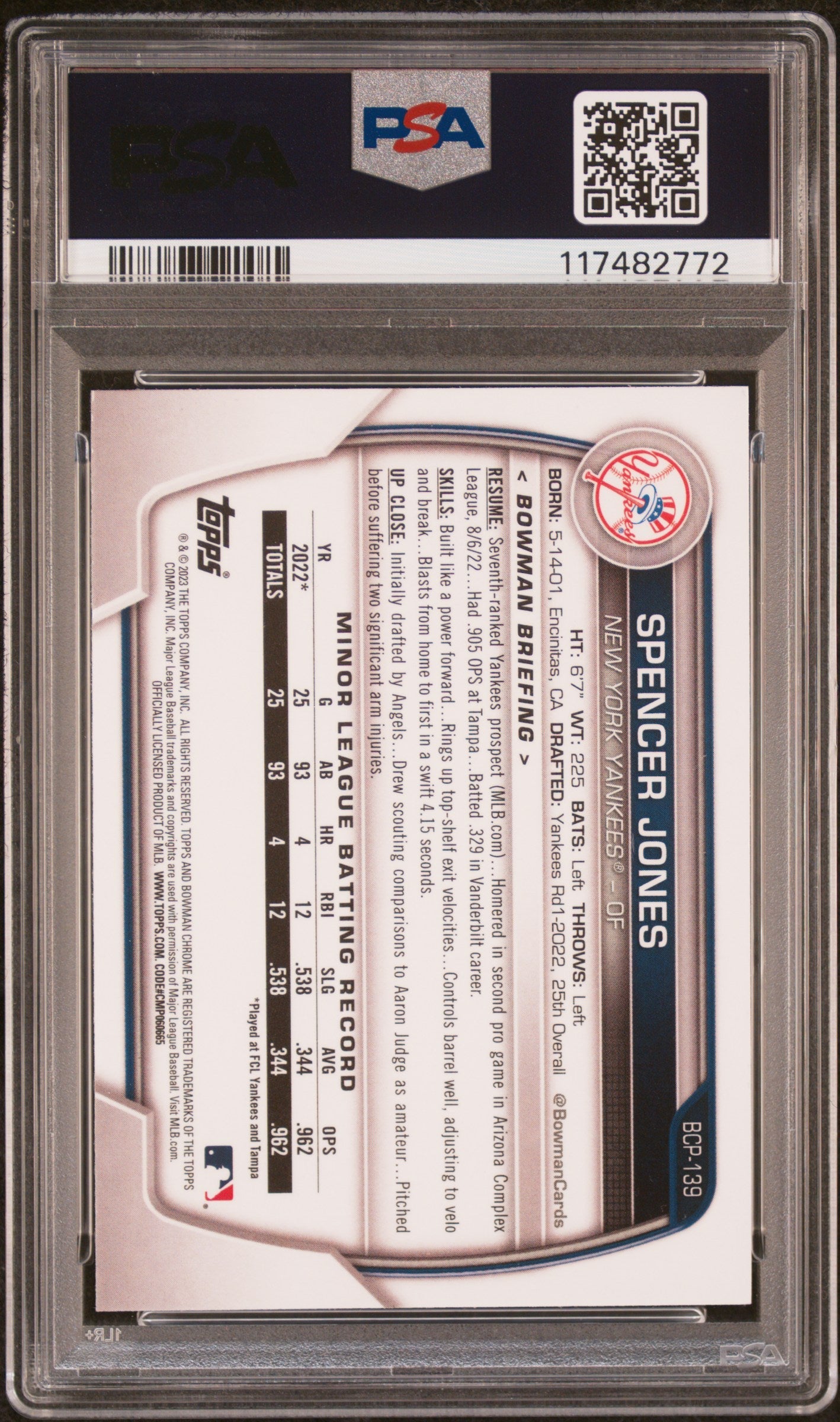 2023 Bowman Chrome Prospects Spencer Jones #BCP139 PSA 10 New York Yankees - Graded Sports Cards