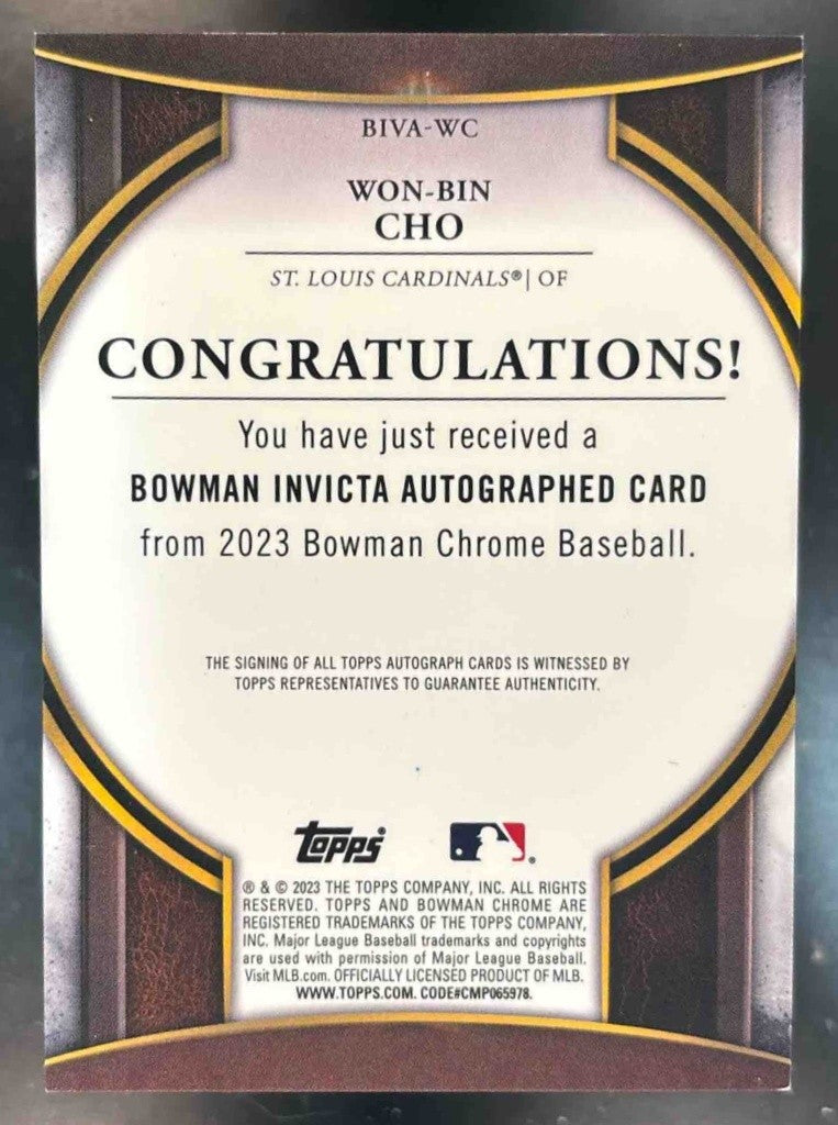 2023 Bowman Chrome Won-Bin Cho Invicta Auto Gold Atomic /50 St. Louis Cardinals - Sports Cards