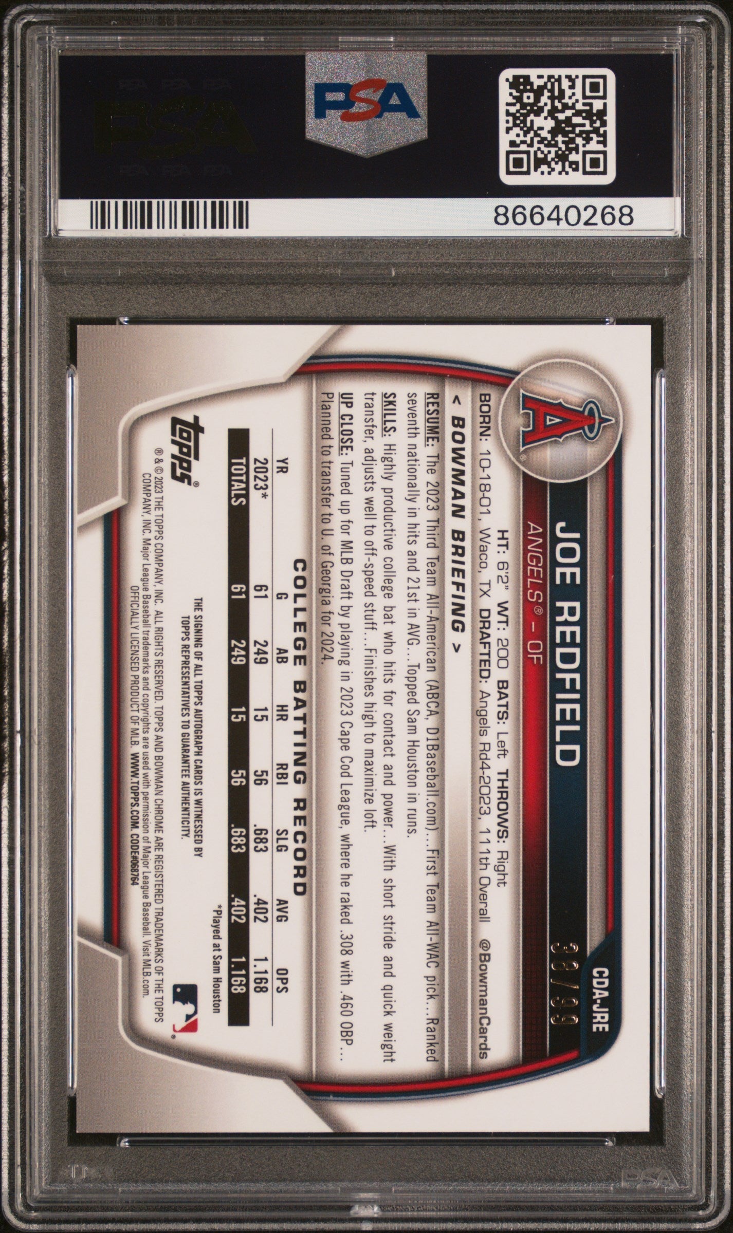 2023 Bowman Draft Chrome Prospect Autograph Joe Redfield PSA 8 Green Lava /99 - Graded Sports Cards