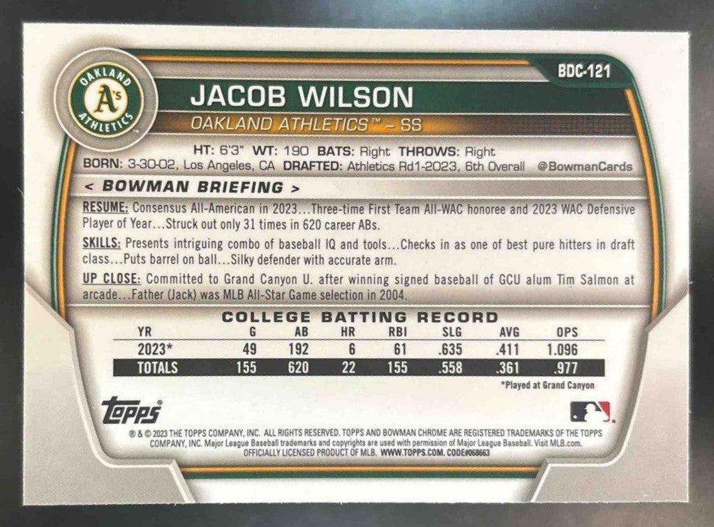 2023 Bowman Draft Jacob Wilson Chrome Japan Refractor #BDC-121 1st Prospect - Sports Cards