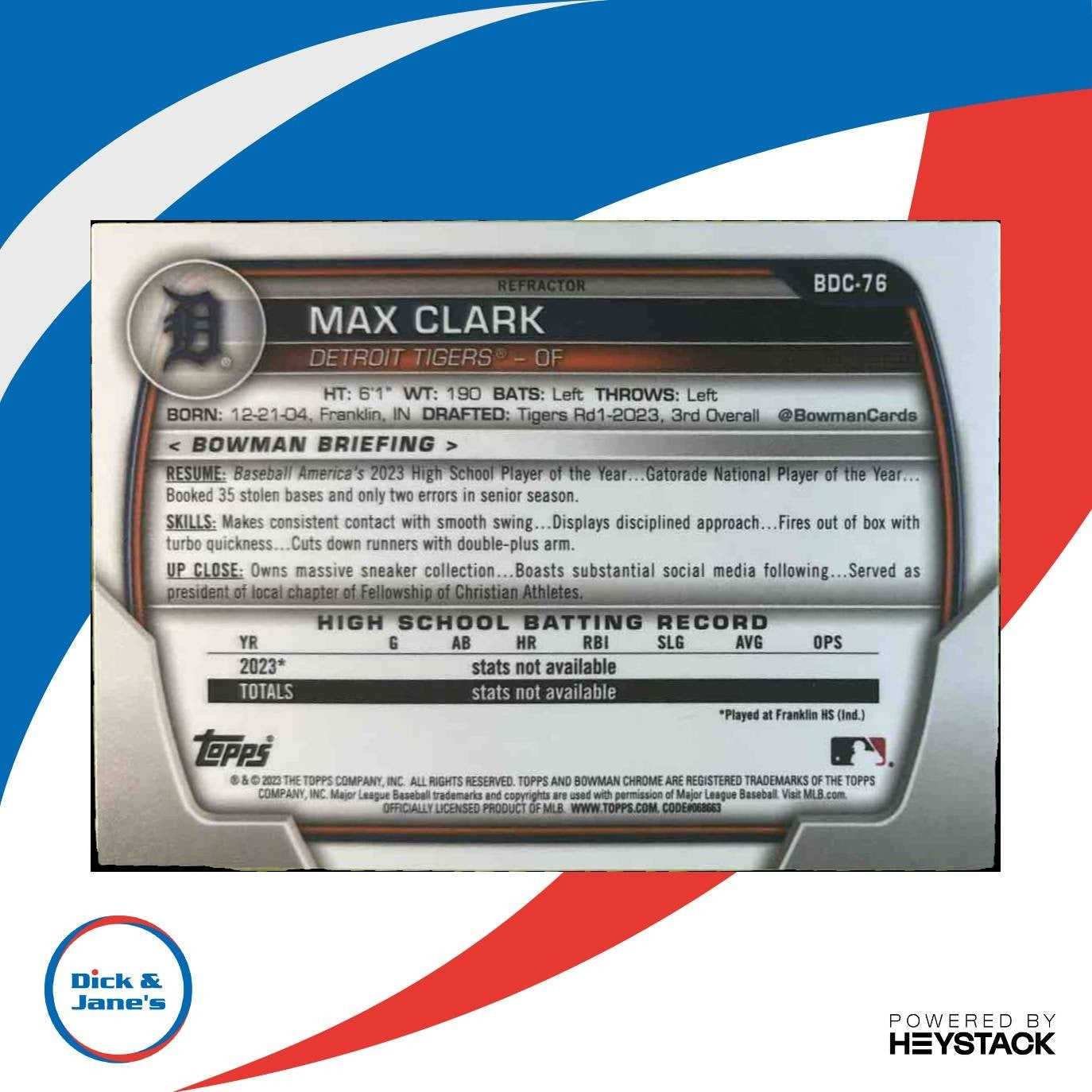 2023 Bowman Draft Max Clark Chrome #BDC-76 Refractor 1st Prospect Detroit Tigers - Sports Cards