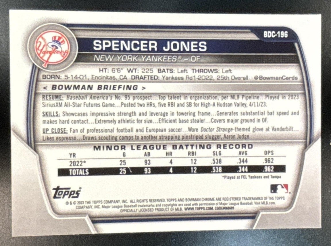 2023 Bowman Draft Spencer Jones Chrome #BDC-196 New York Yankees - Sports Cards