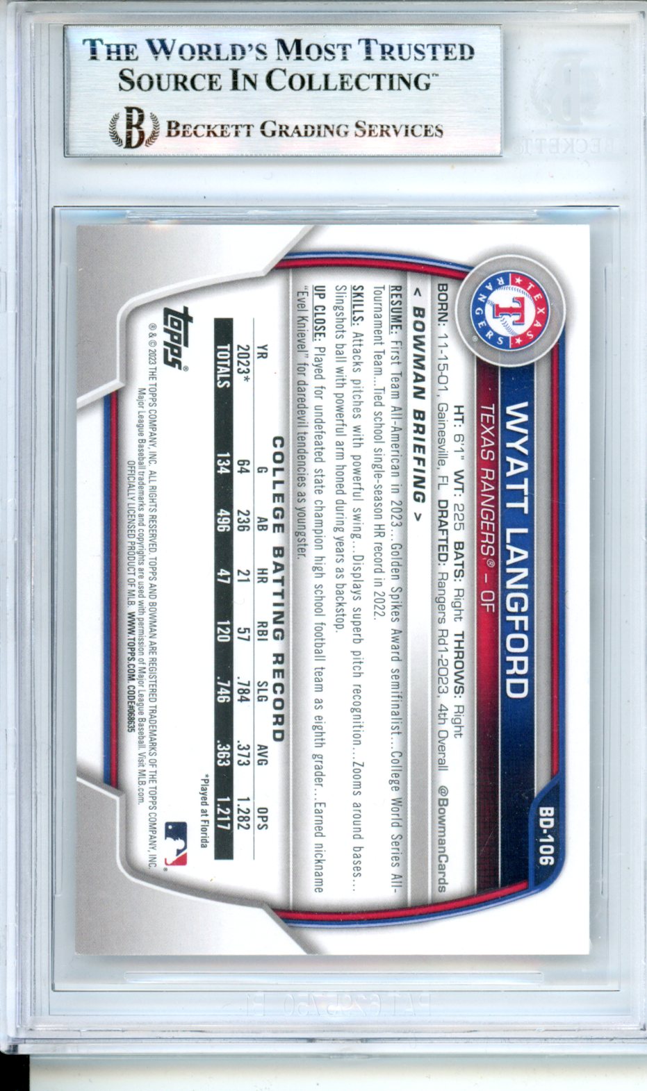 2023 Bowman Draft Wyatt Langford Autograph #BD106 BGS Authentic BAS Authentic - Graded Sports Cards