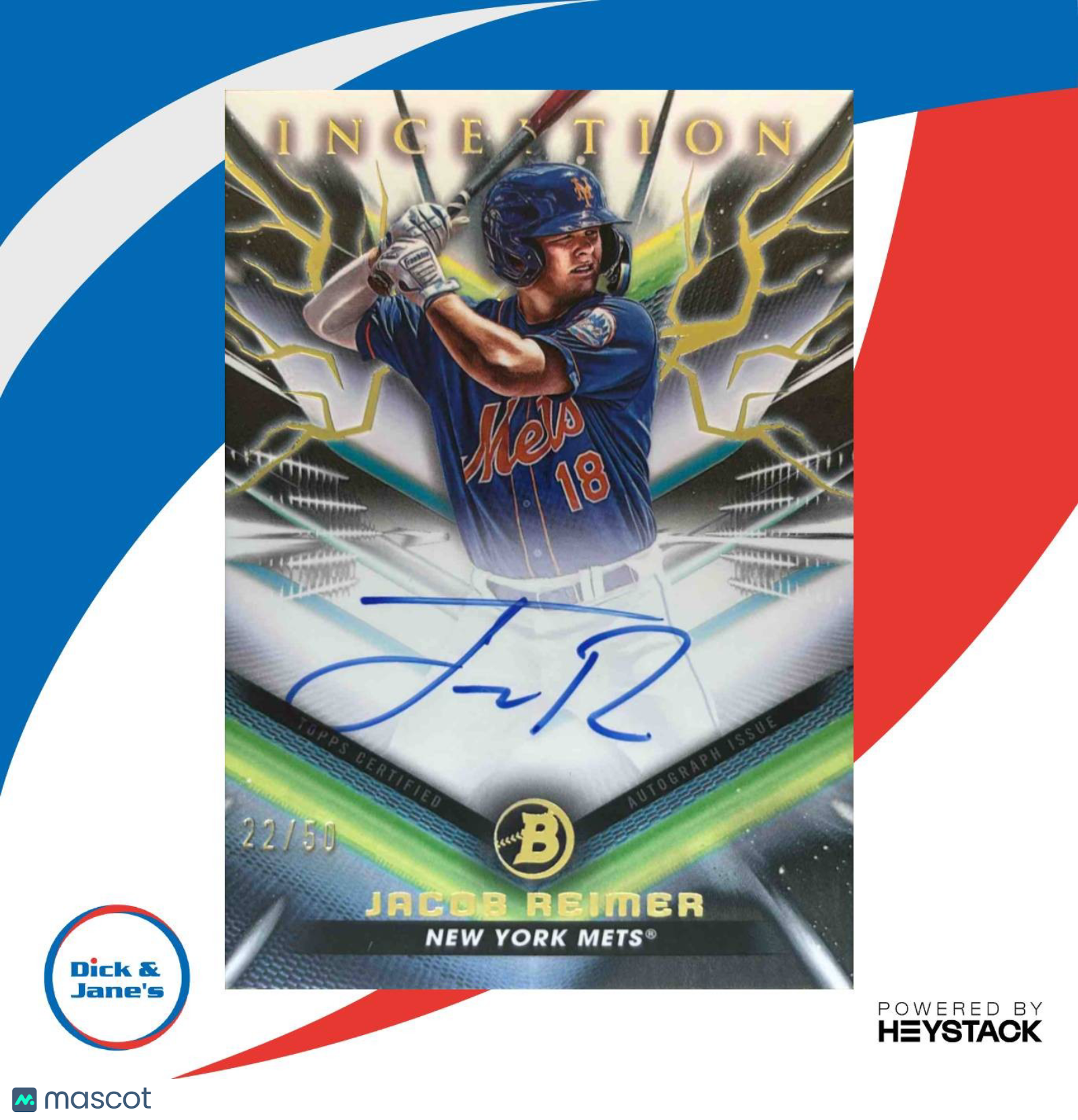 2023 Bowman Inception Jacob Reimer Auto Gold Foil 22/50 #BPA-JRR New York Mets - Sports Cards