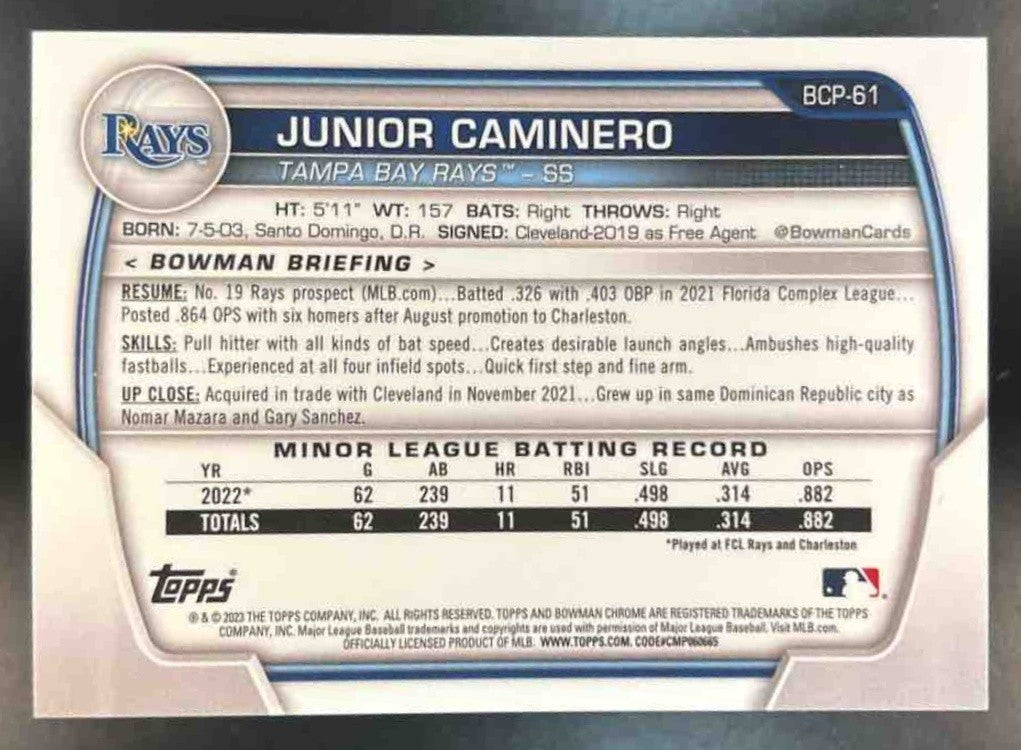 2023 Bowman Junior Caminero Chrome Purple Ray Wave /250 BCP-61 1st Prospect Rays - Sports Cards