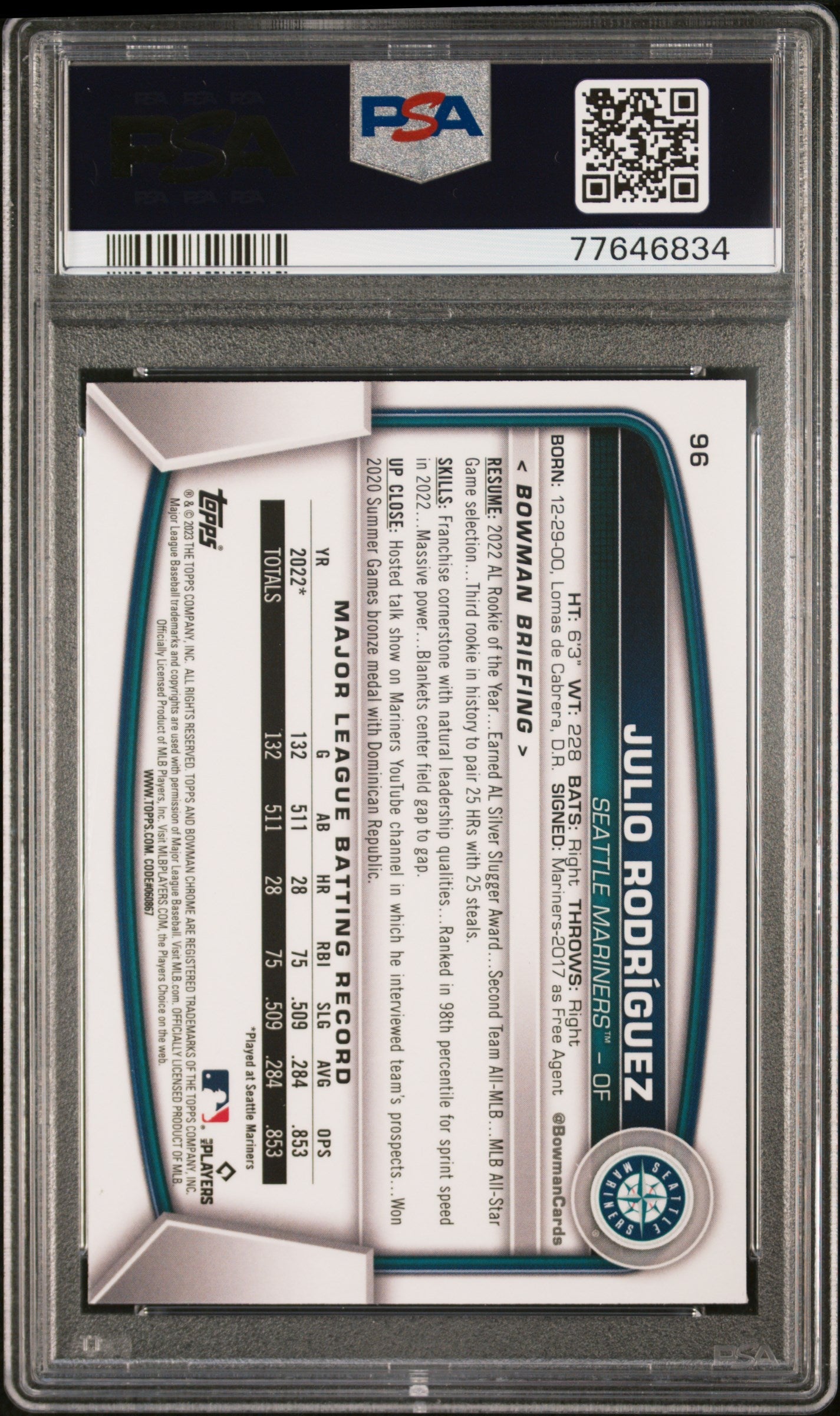 2023 Bowman Mega Box Chrome Julio Rodriguez #96 PSA 10 Seattle Mariners - Graded Sports Cards