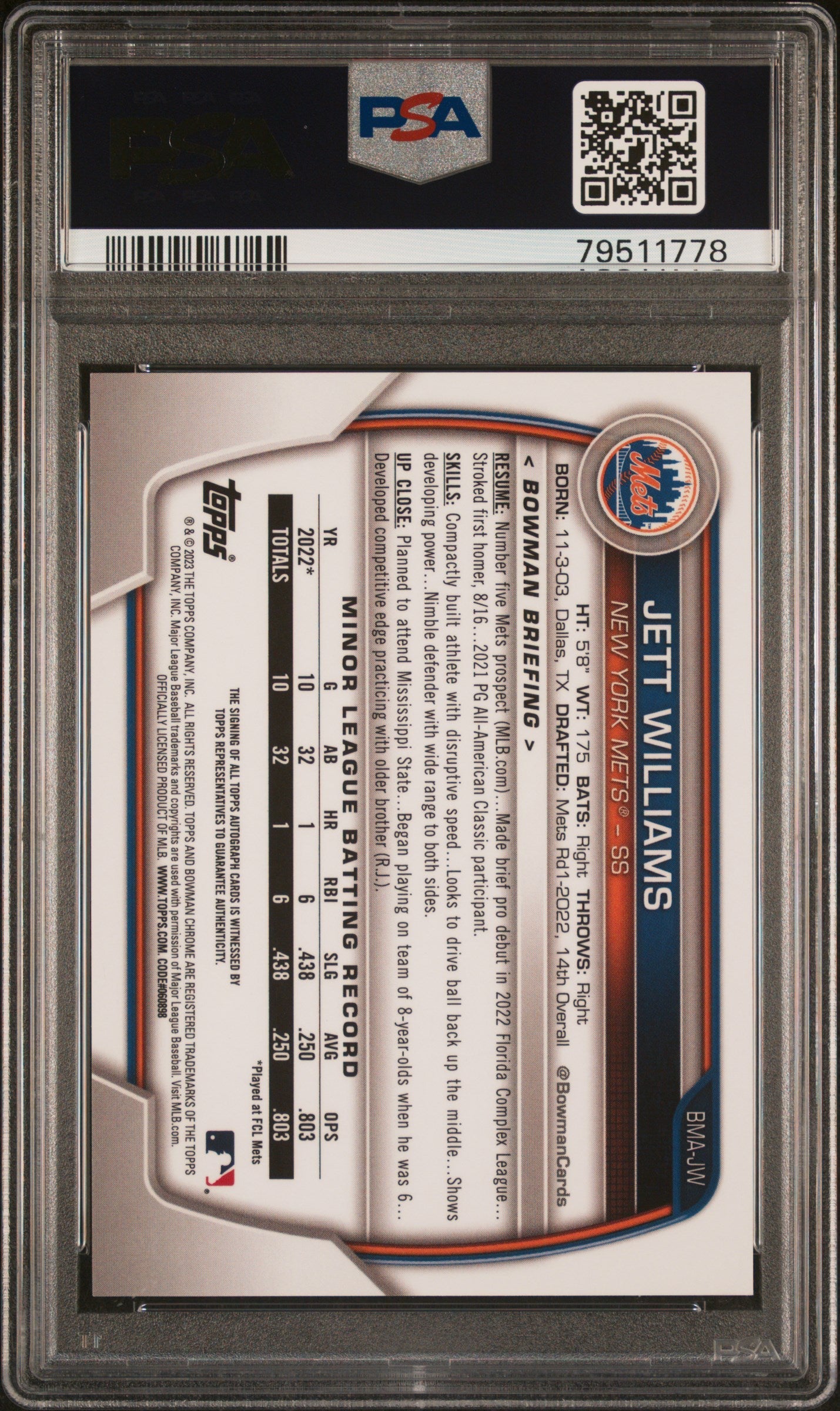 2023 Bowman Mega Box Chrome Prospect Auto Jett Williams Green Ref 51/99 PSA 10 - Graded Sports Cards