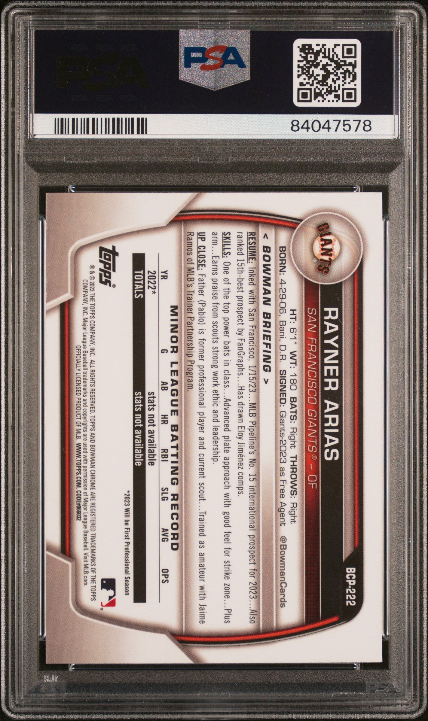 2023 Bowman Mega Box Chrome Rayner Arias PSA 10 GEM MINT San Francisco Giants - Graded Sports Cards