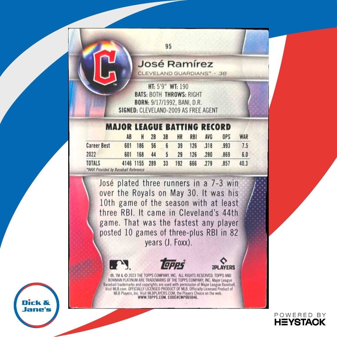 2023 Bowman Platinum Jose Ramirez Emerald Ice Foil /299 #95 Cleveland Guardians - Sports Cards