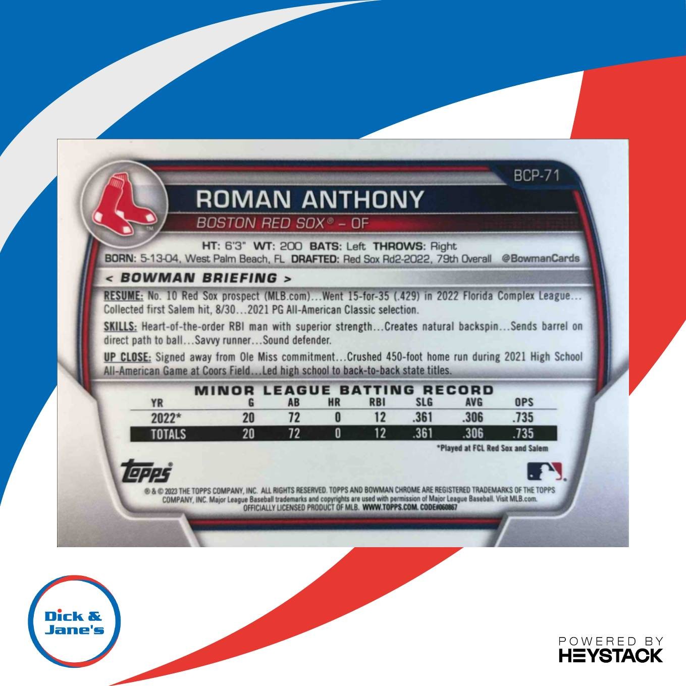 2023 Bowman Roman Anthony Chrome Mega Box Mojo Refractor #BCP-71 1st Red Sox DJ1 - Sports Cards